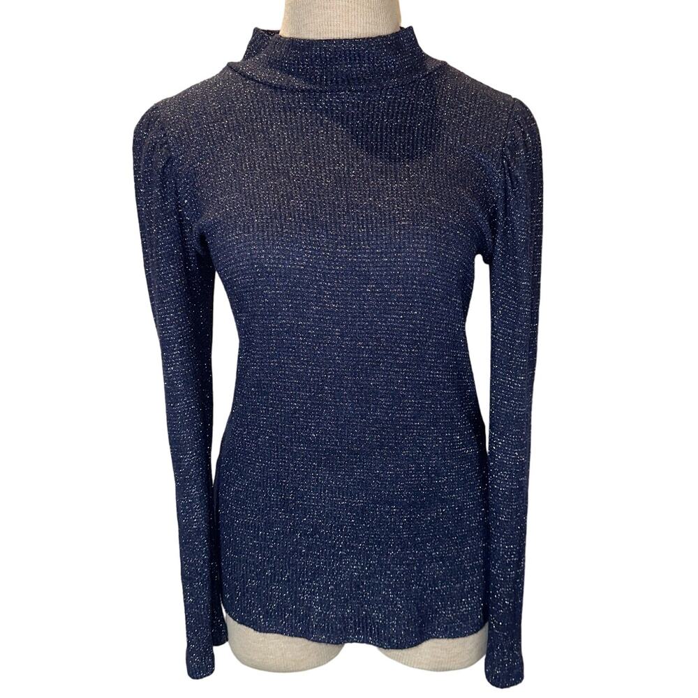 Rachel Pally Women Ada Ribbed Metallic Blue Silver Sweater Shoulder Pad Size M